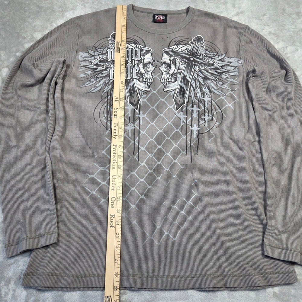 MMA Elite Mens XL Gray Waffle Knit Thermal Graphic Y2k Shirt Skulls Crosses Punk - Picture 3 of 10